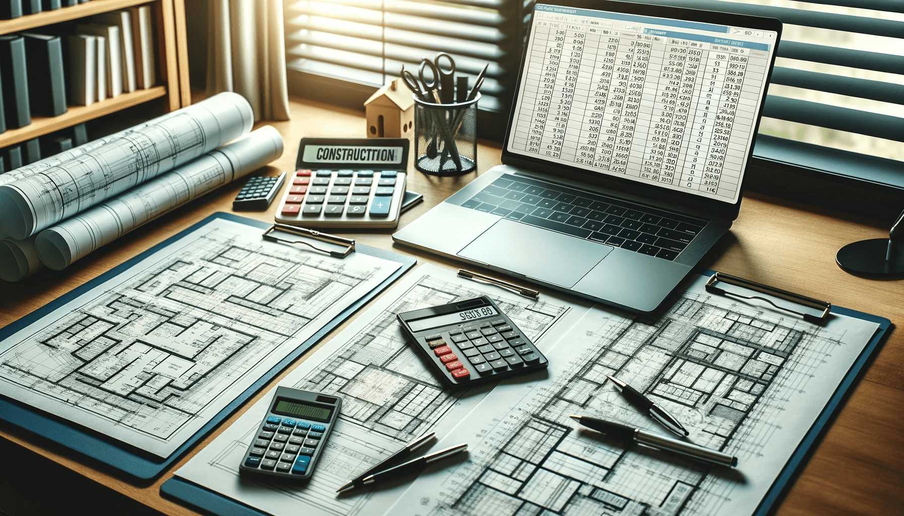 A professional office desk scene focused on construction budgeting The desk features detailed construction drawings trusted general contractor Winnipeg